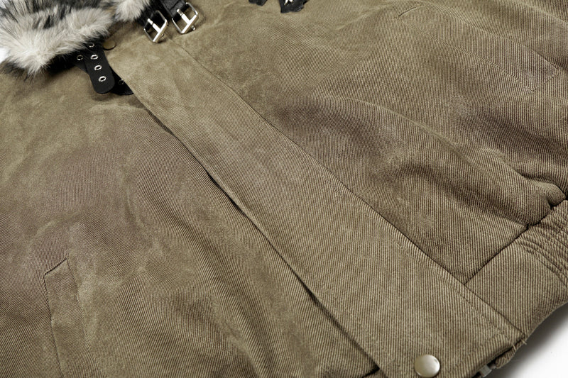 Faux Fur Collar Suede-Texture Buckle Bomber Jacket