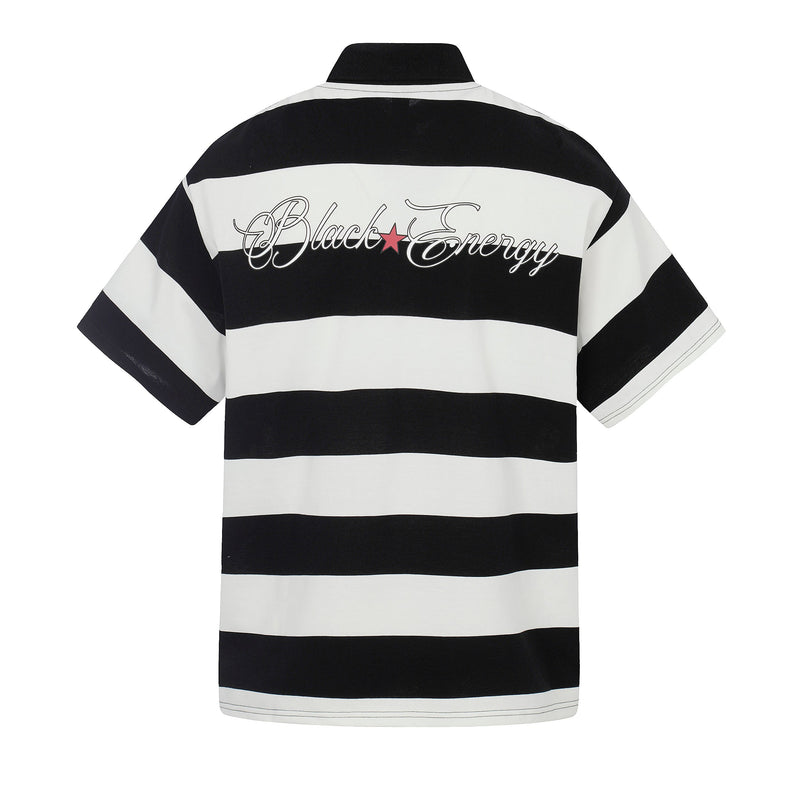 Black and white rugby stripe polo shirt with bold back graphic and short sleeves on white background