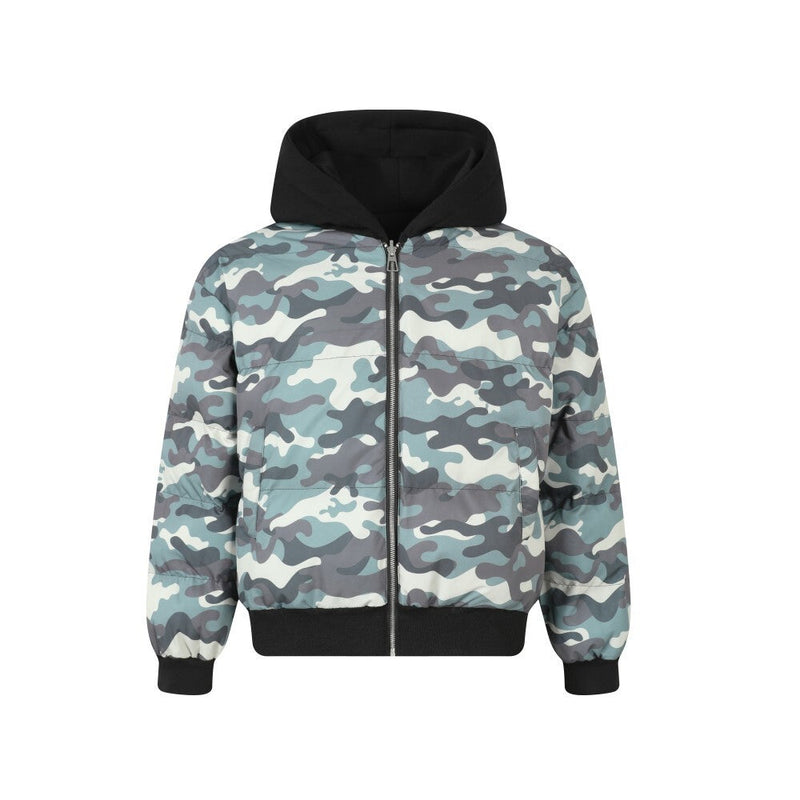 Reversible Camo Varsity Hoodie Jacket | TAELEPLUS Logo
