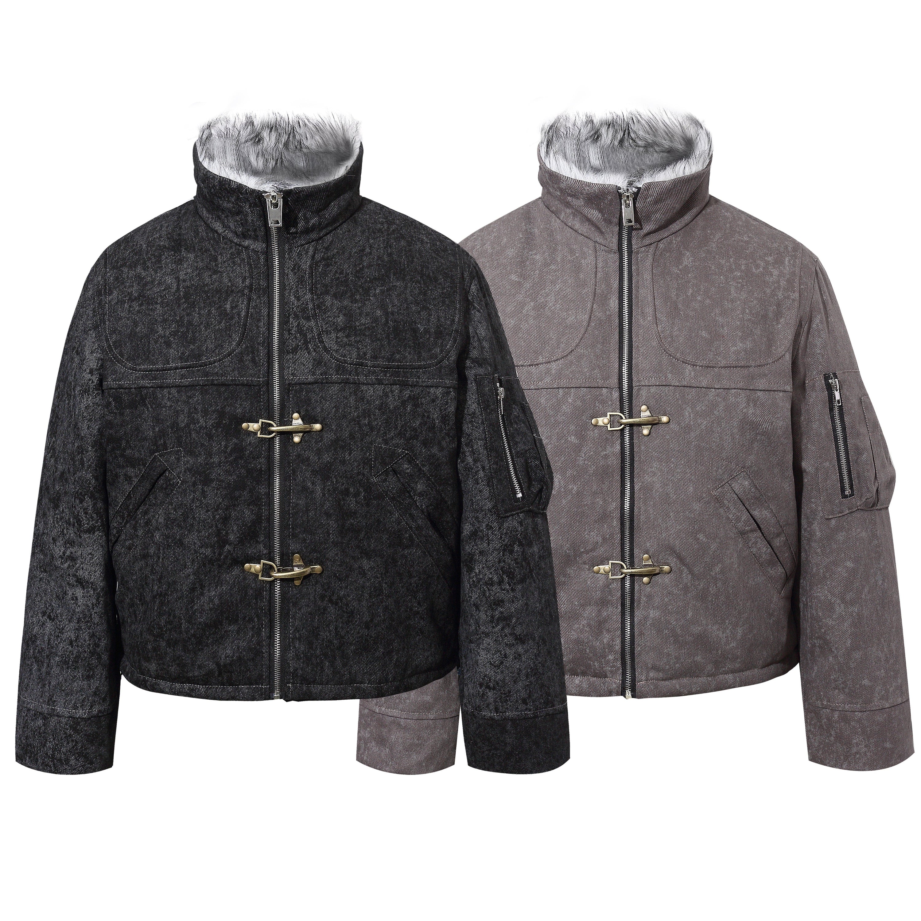 Omirad vintage toggle cotton jacket in washed black and washed grey, shown side by side with faux fur collar and brass toggle