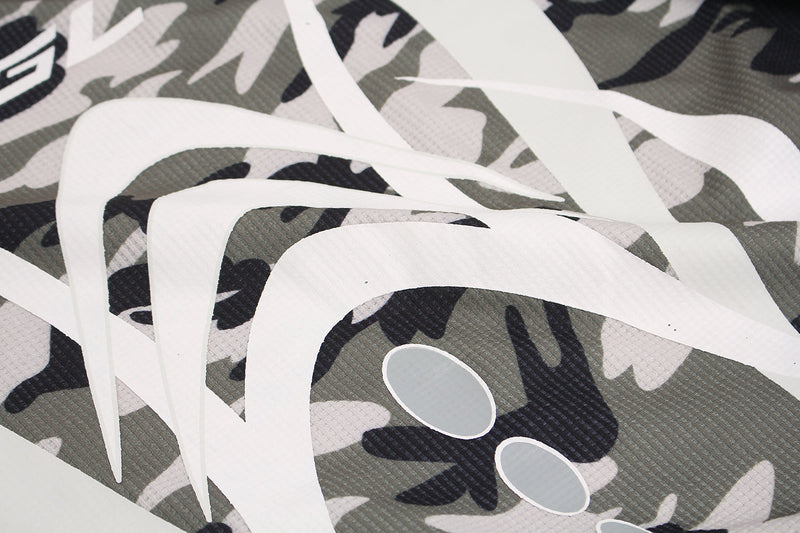 Close-up of white curved graphic over olive camo waffle knit fabric