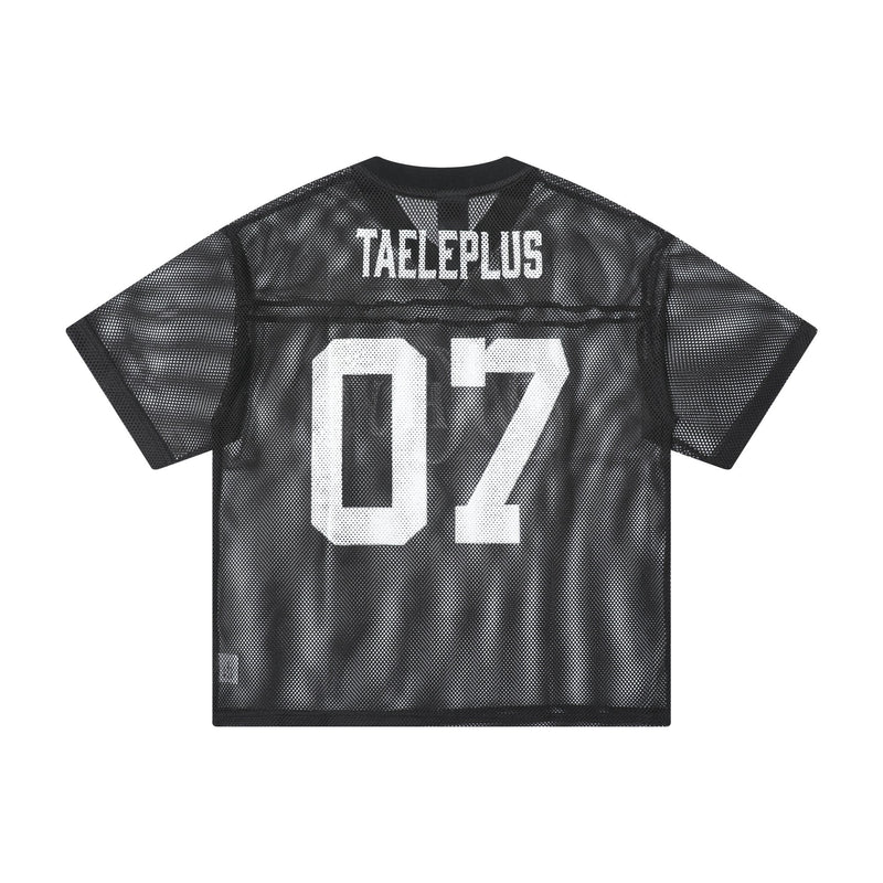 Black oversized mesh varsity tee with white 07 graphic and Taeleplus lettering on the back