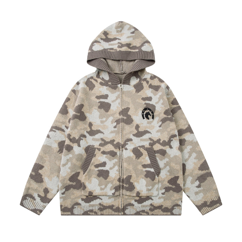 Beige camouflage knit zip-up hoodie with ribbed hood, cuffs, hem, and front pockets
