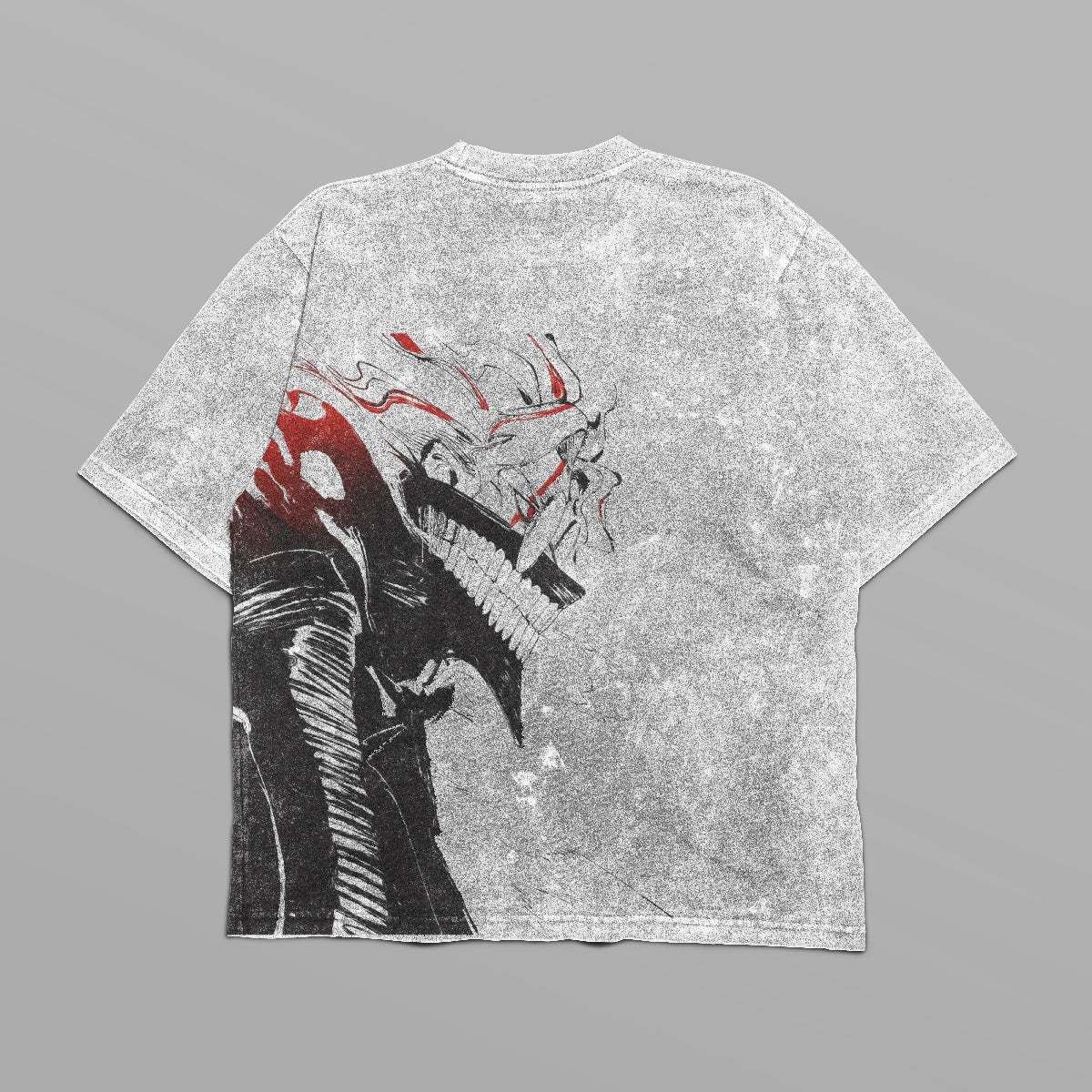 This gray Dandadan Oversized T-Shirt features a minimalist front logo and a bold Okarun graphic with monstrous long teeth and red accents on the back. The mottled texture gives it a distressed look, perfect for anime streetwear enthusiasts.