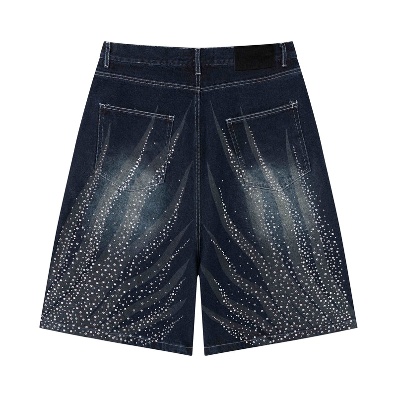 Back view of dark wash denim shorts with rhinestone pattern and loose fit