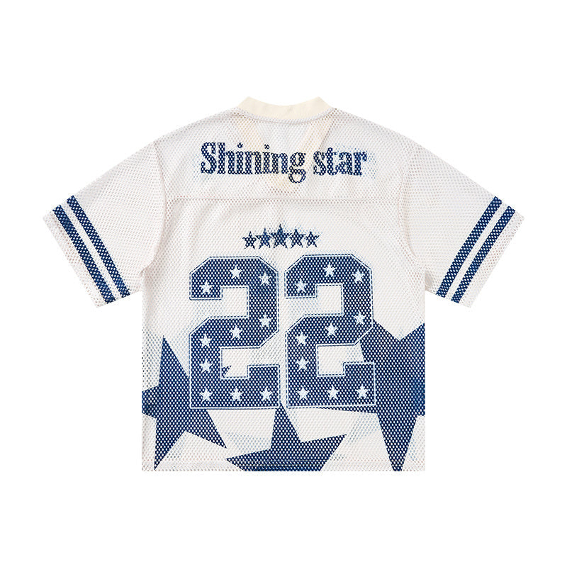 White mesh jersey T-shirt with blue 22 graphic, star accents, and varsity-style striped sleeves on a streetwear design