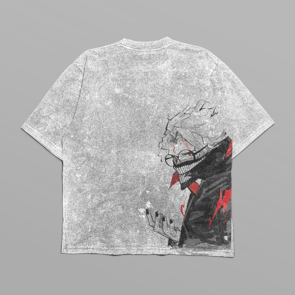 The Dandadan Oversized T-Shirt features a minimalist logo on the front and an Okarun side profile with messy hair, glasses, and a wide grin with red highlights on the back. Its weathered texture amplifies its anime-inspired appeal for fans of Dandadan fashion.