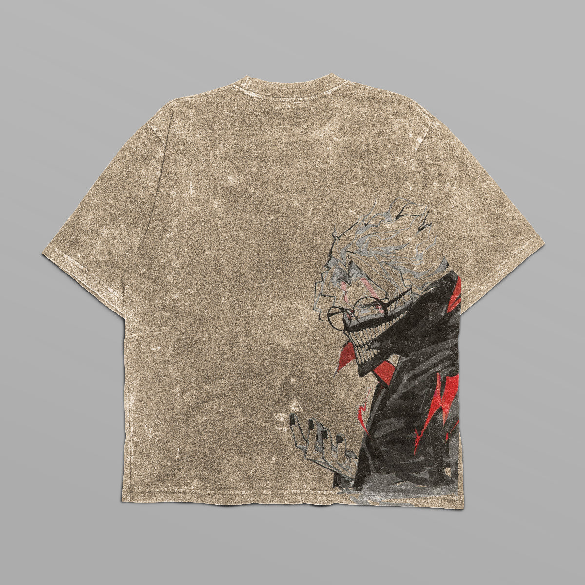 A beige Dandadan Oversized T-Shirt, boasting a distressed texture, features an Okarun side profile design on the back. The menacing character illustration with a wide grin and sharp nails in red and black angular shapes is ideal for anime fashion enthusiasts.