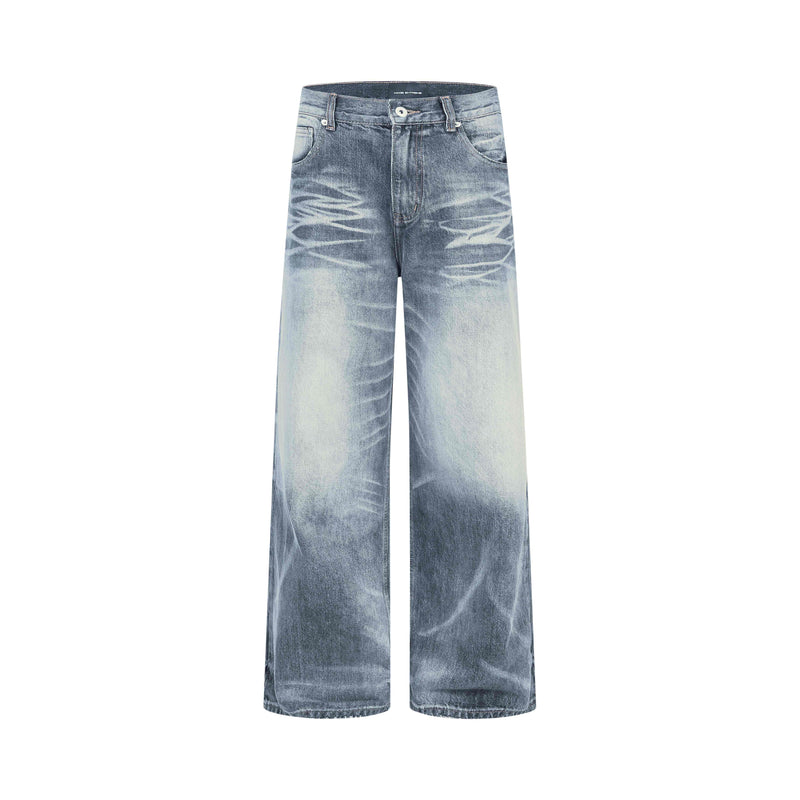 Front view of light faded blue wide-leg jeans with washed denim and subtle whiskering