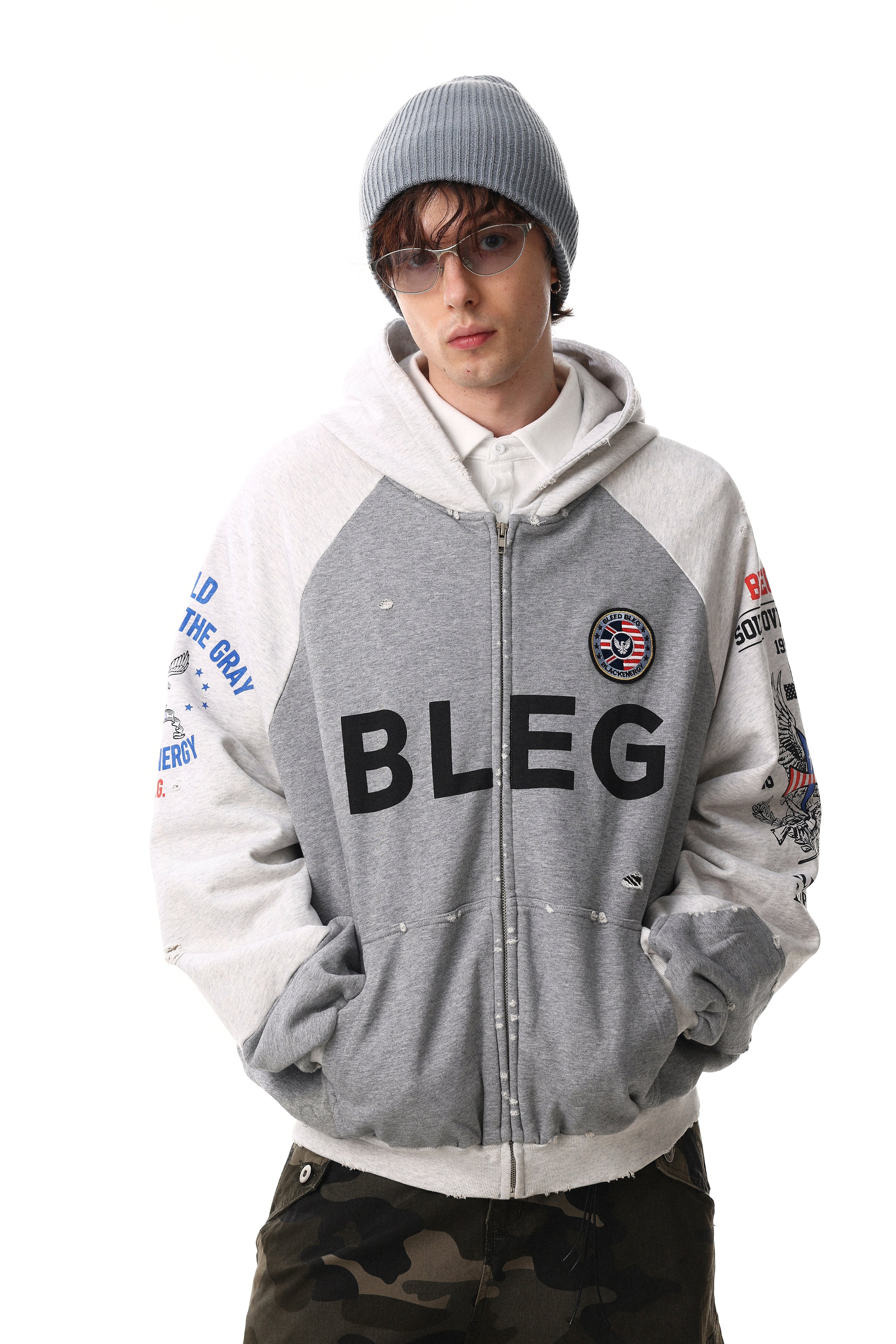 BLEG Graphic Zip-Up Hoodie | Distressed Streetwear Fleece