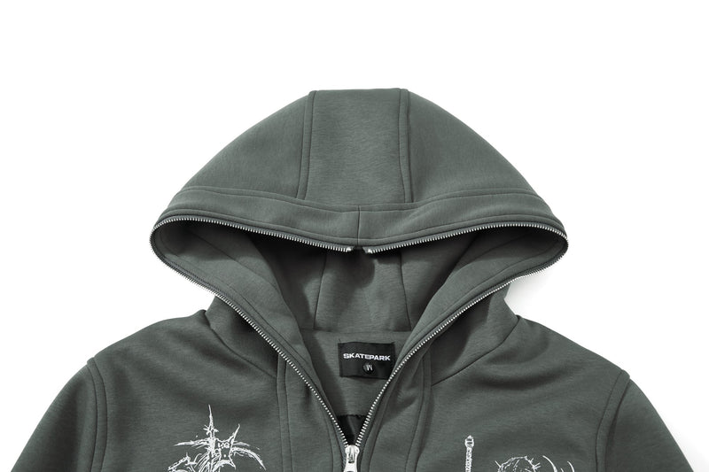 Dark green hoodie hood raised, showing zipper trim and neck label