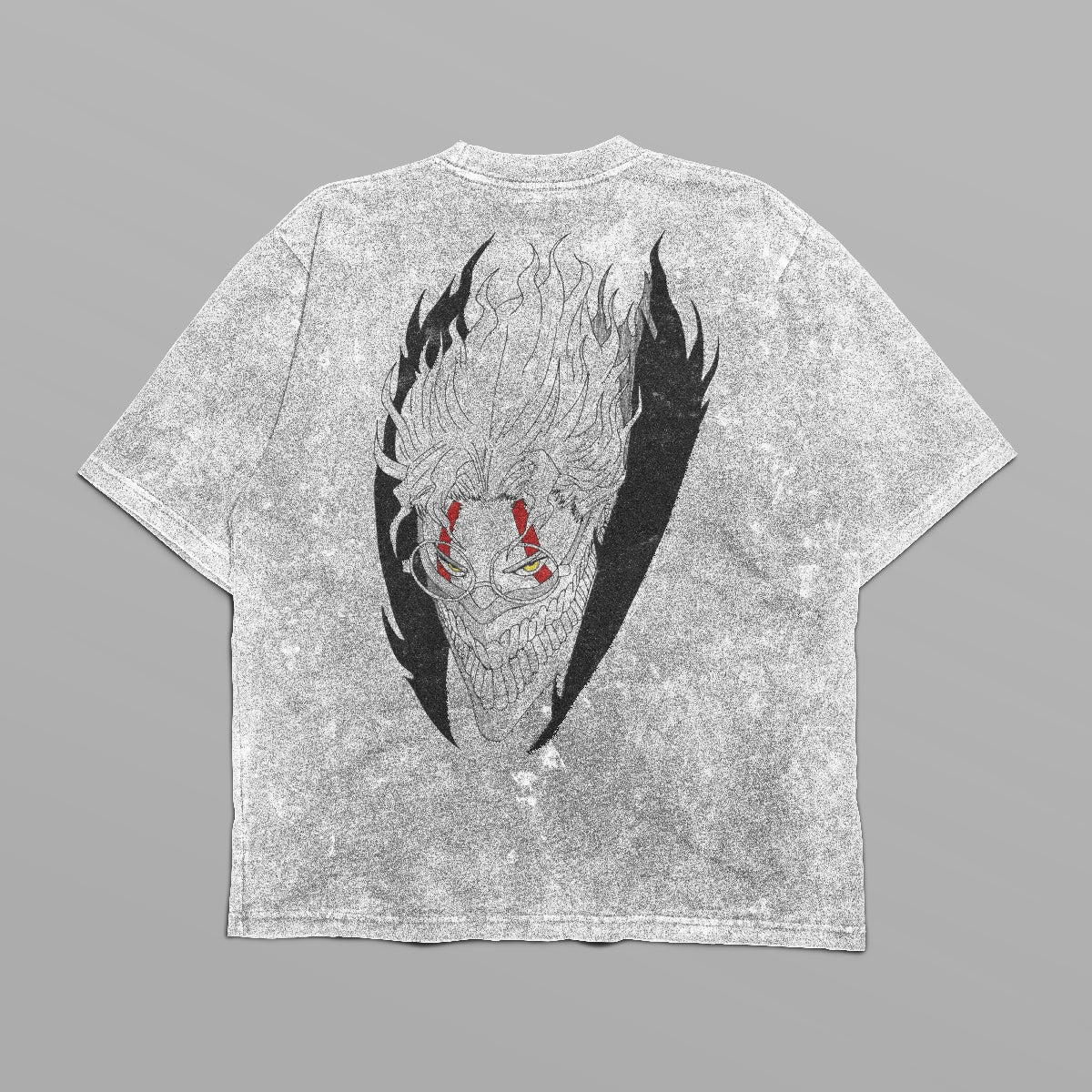 The Dandadan Oversized T-Shirt features a minimalist front logo and an intricate Okarun graphic on the back, depicting a stylized dragon face with red eyes amidst jagged black flames. Ideal for anime wardrobe enthusiasts and streetwear fans.