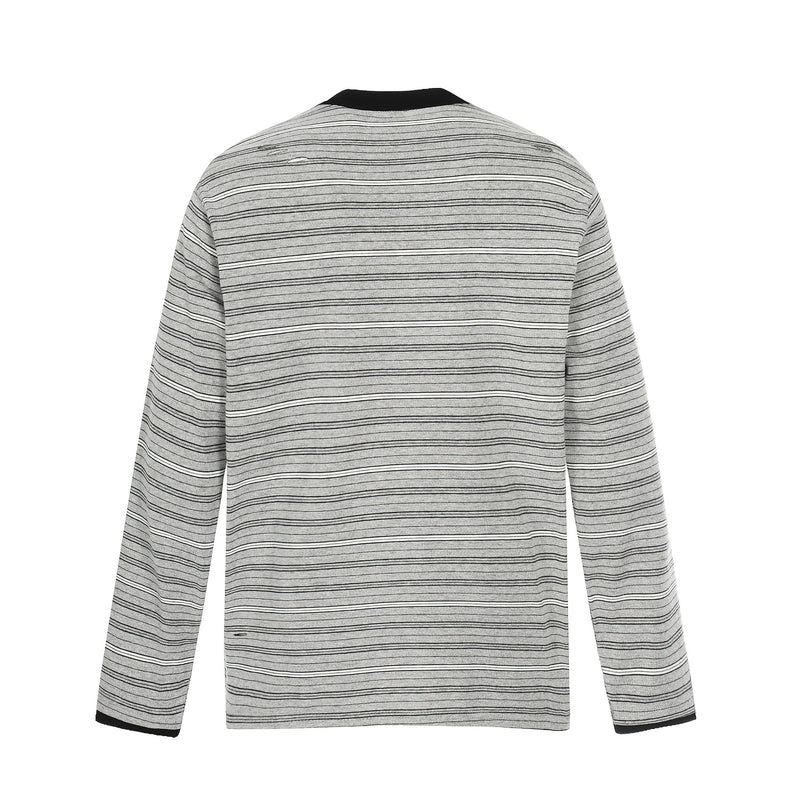 Back view of gray striped long sleeve Henley tee with black collar and distressed details