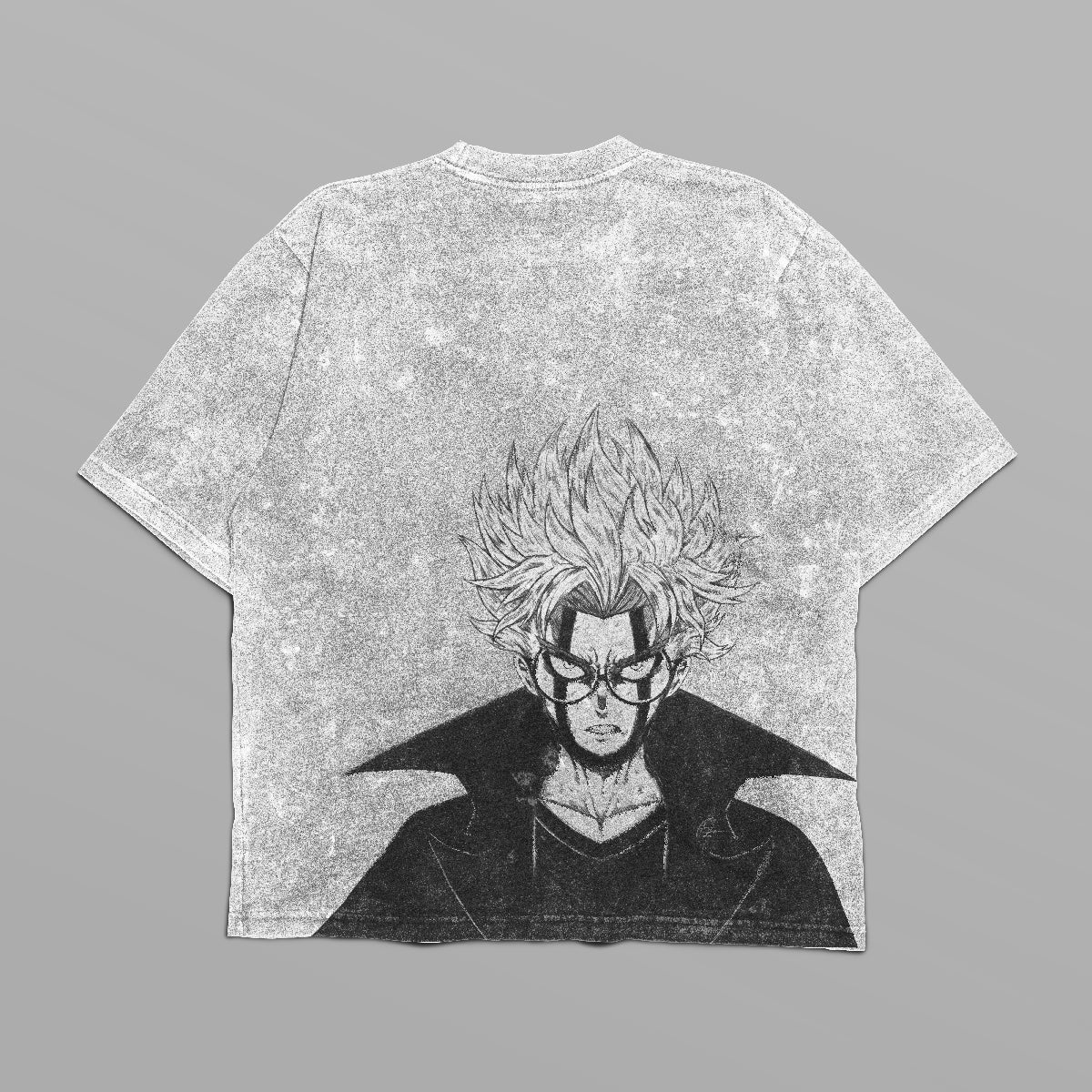 The Dandadan Oversized T-Shirt from Dandadan features a light gray design with a bold black and white illustration of a spiky-haired, stern character in a high-collared coat on the back, perfect for embracing anime streetwear style.