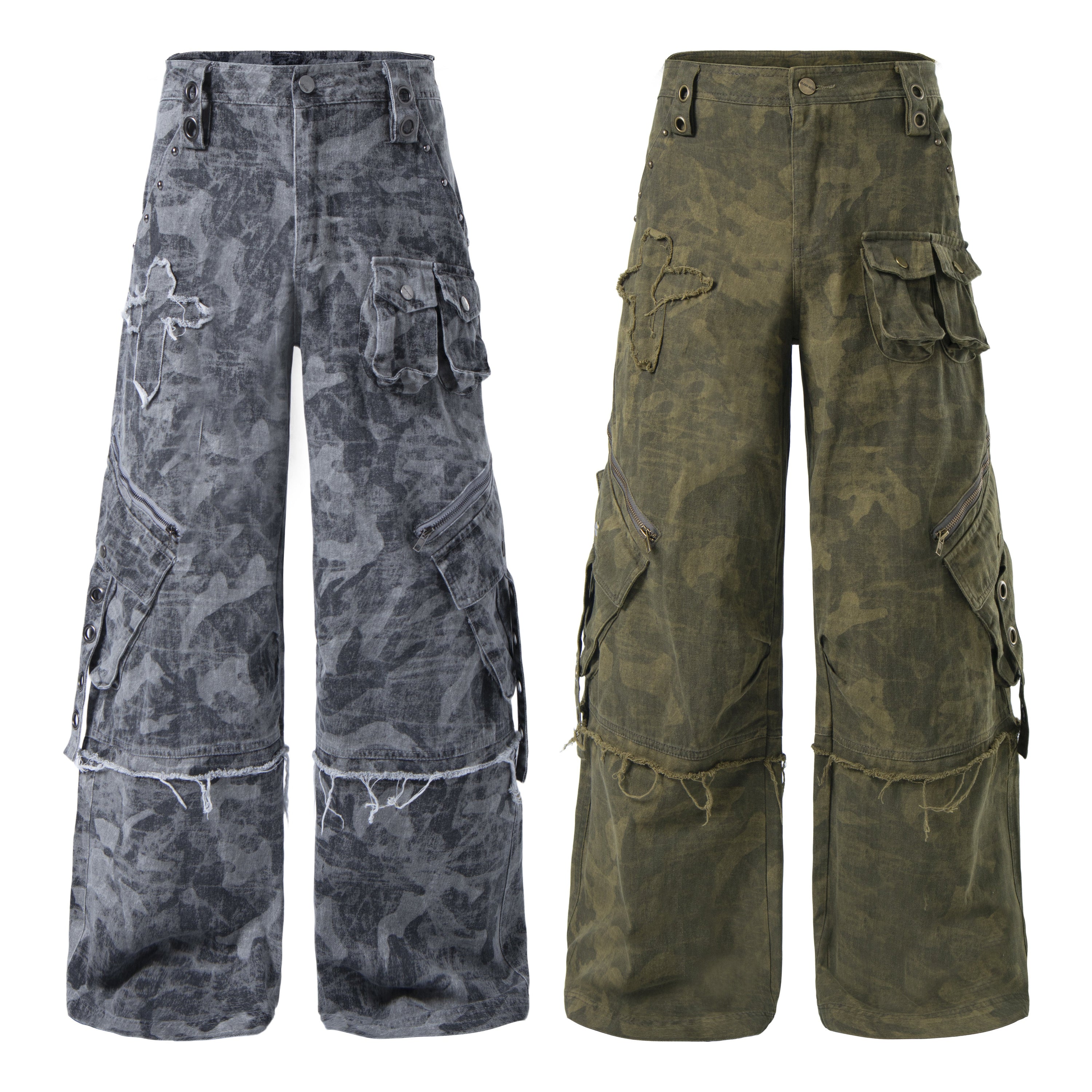 Distressed camouflage wide-leg cargo pants in washed grey and olive green, front and back views