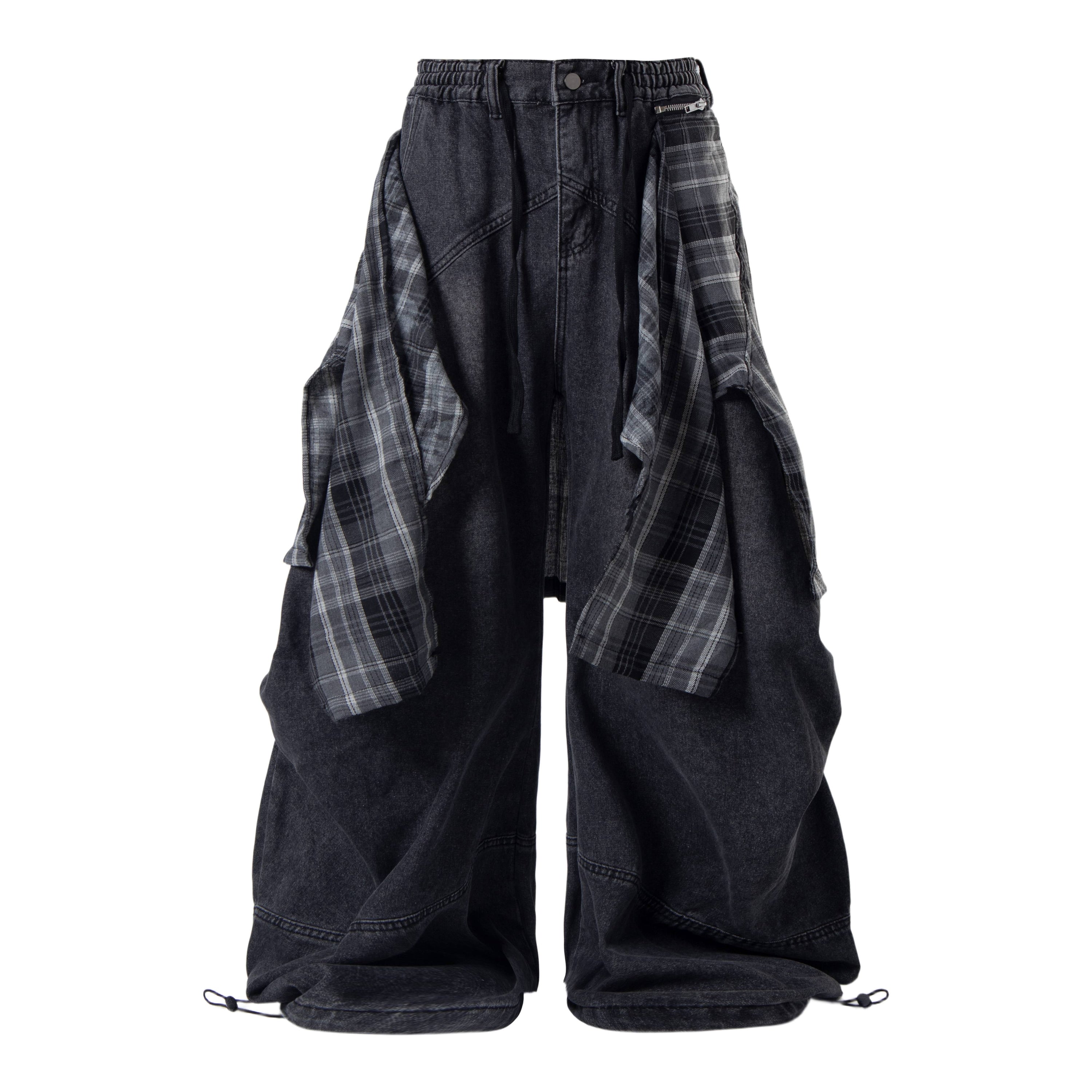 Omirad Layered Plaid Baggy Jeans | Y2K Wide-Leg Denim