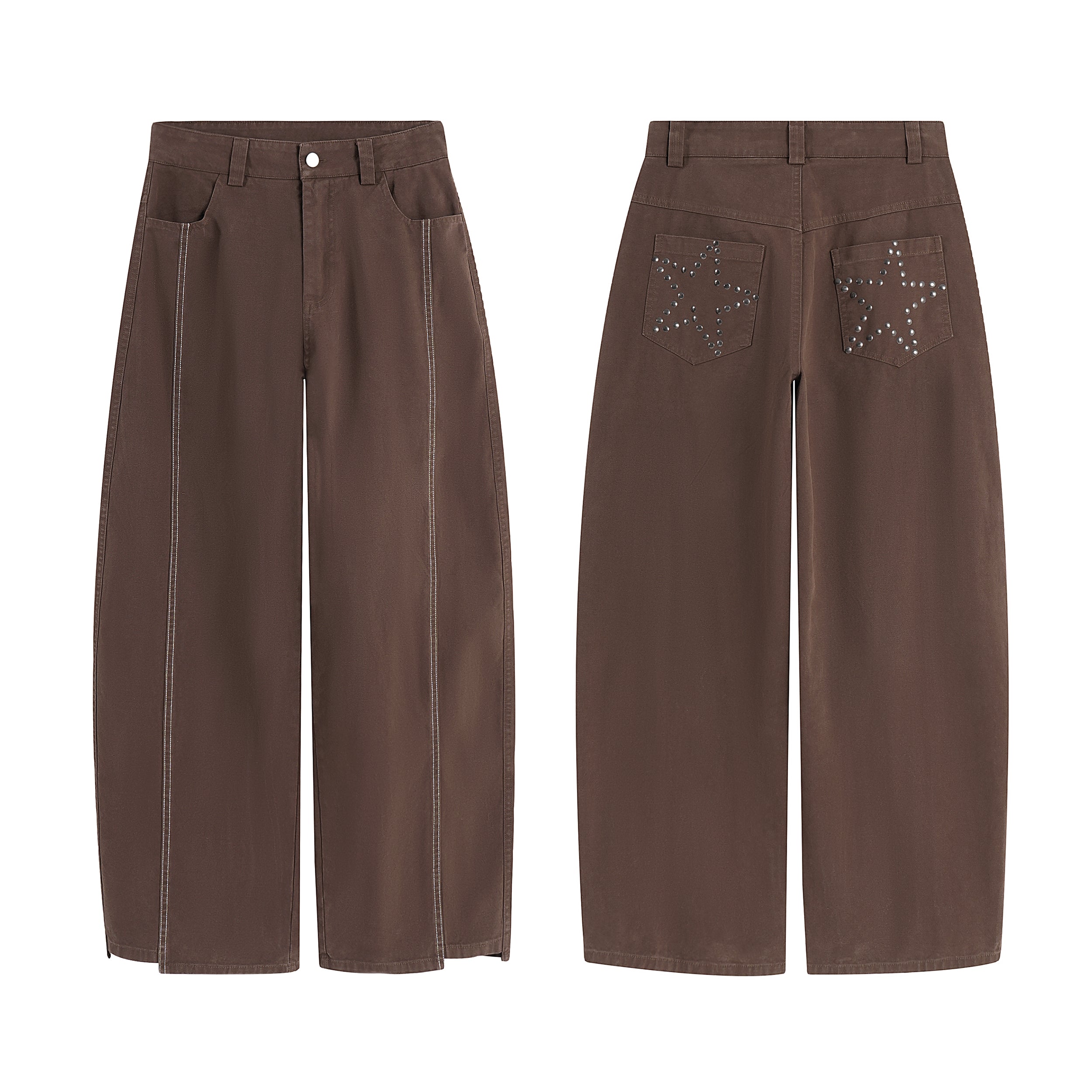 Front and back view of brown wide-leg jeans with contrast seam lines and rhinestone star embellished back pockets