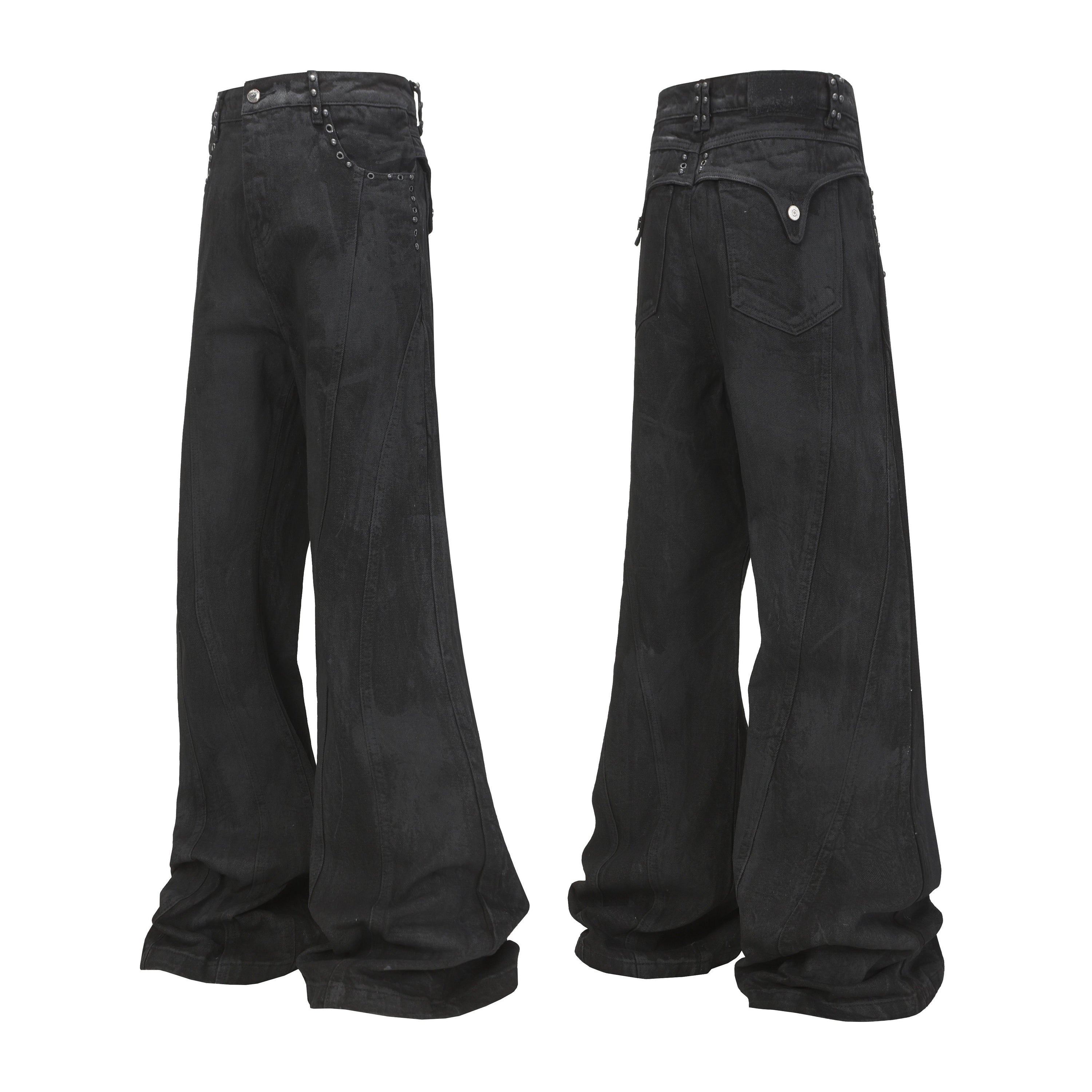 Front and back view of black wide-leg jeans with metal stud accents and curved panel seam construction