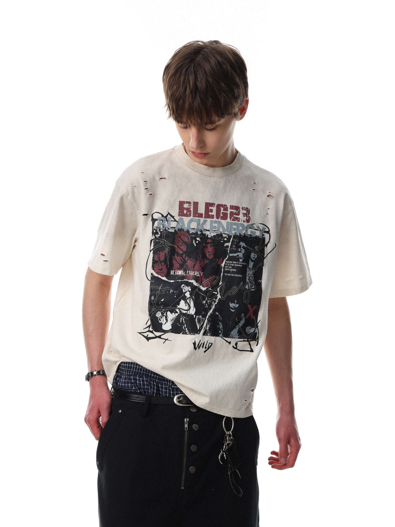 Distressed beige graphic band tee with ripped details and bold Black Energy print on a relaxed fit model