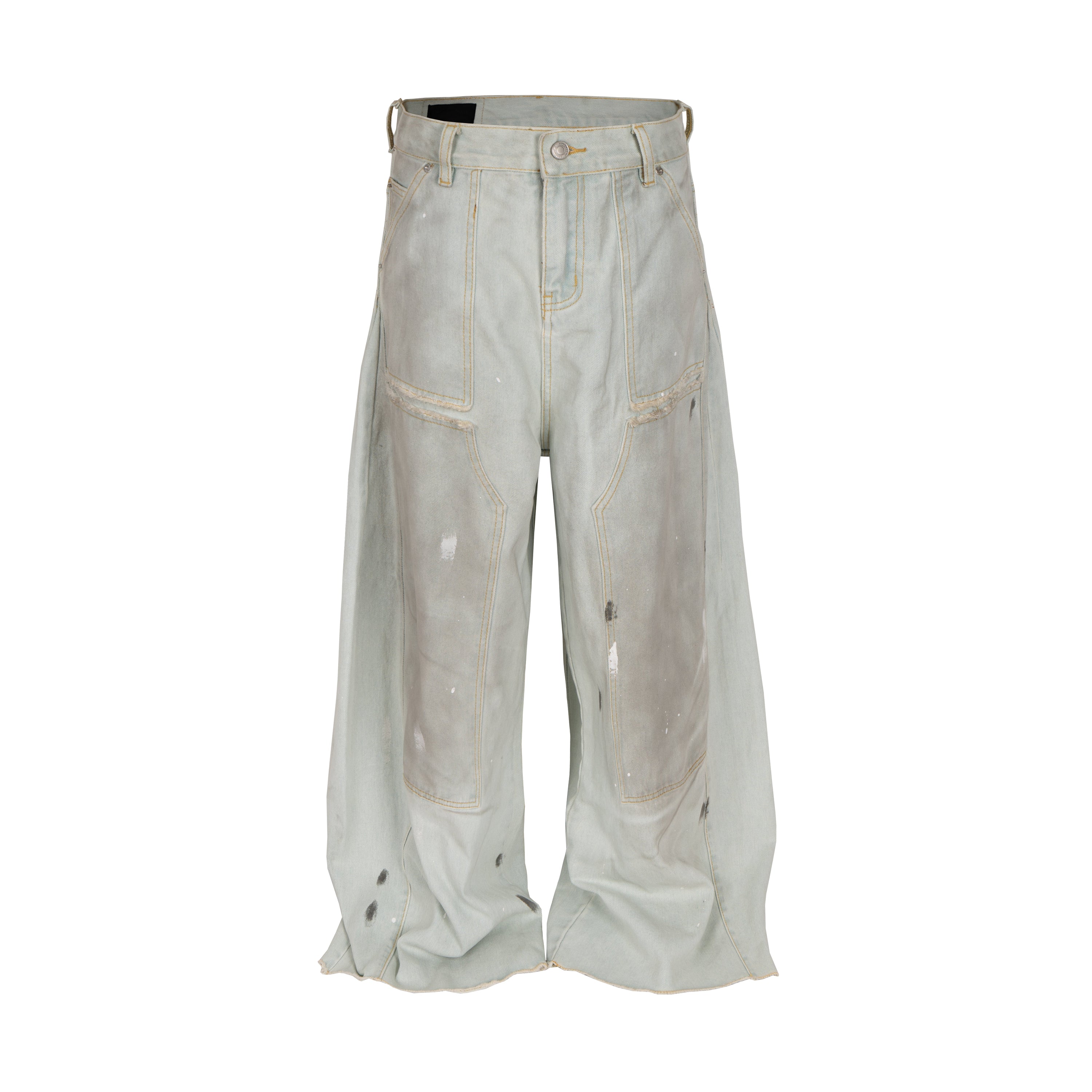 Front view of light grey distressed painter-wash wide-leg jeans with splatter marks, contrast stitching, and raw hem