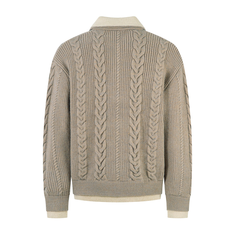 Beige cable knit polo sweater with contrast collar, back view