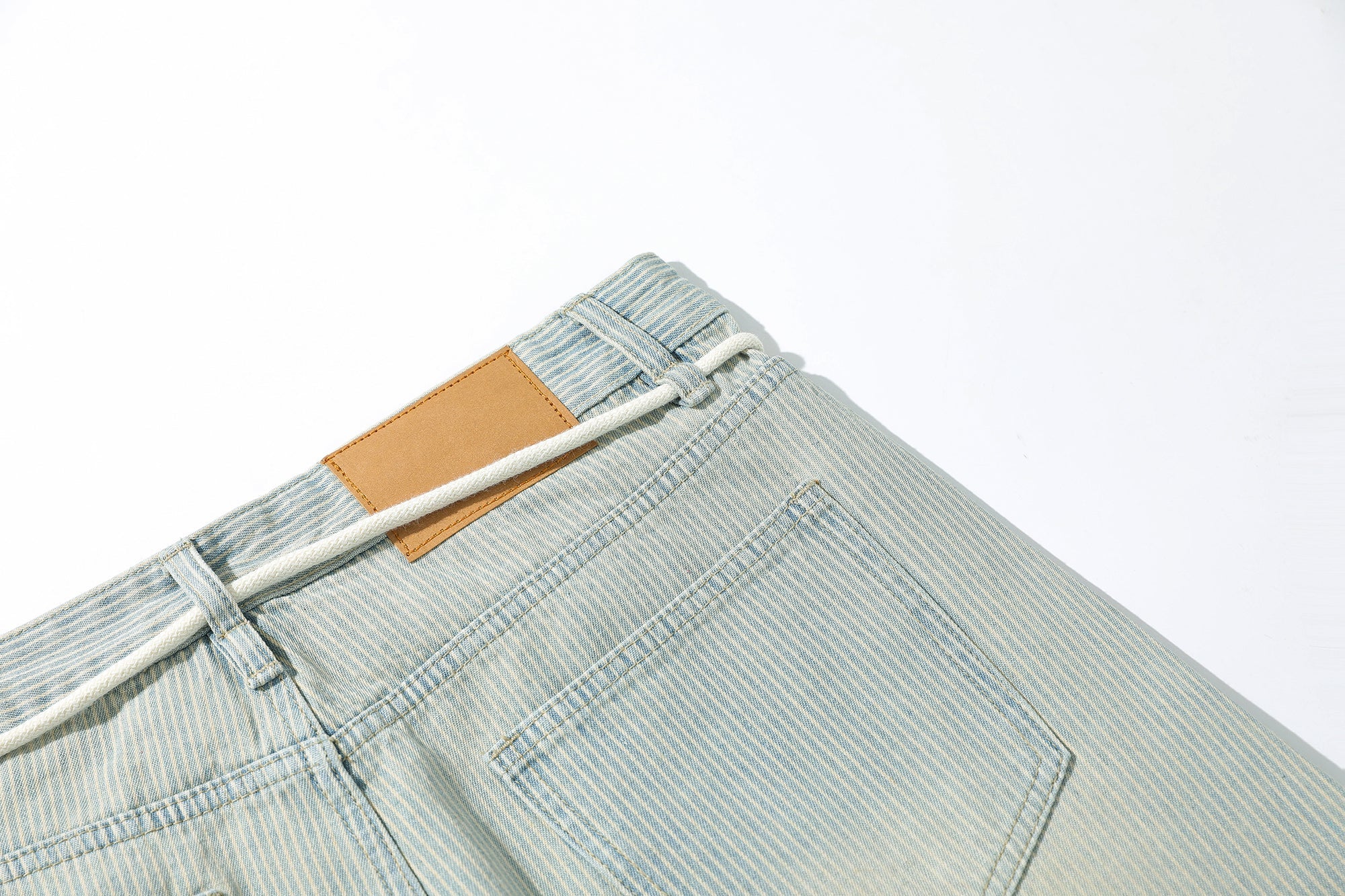 Washed Stripe Wide-Leg Denim Pants with Drawstring Waist