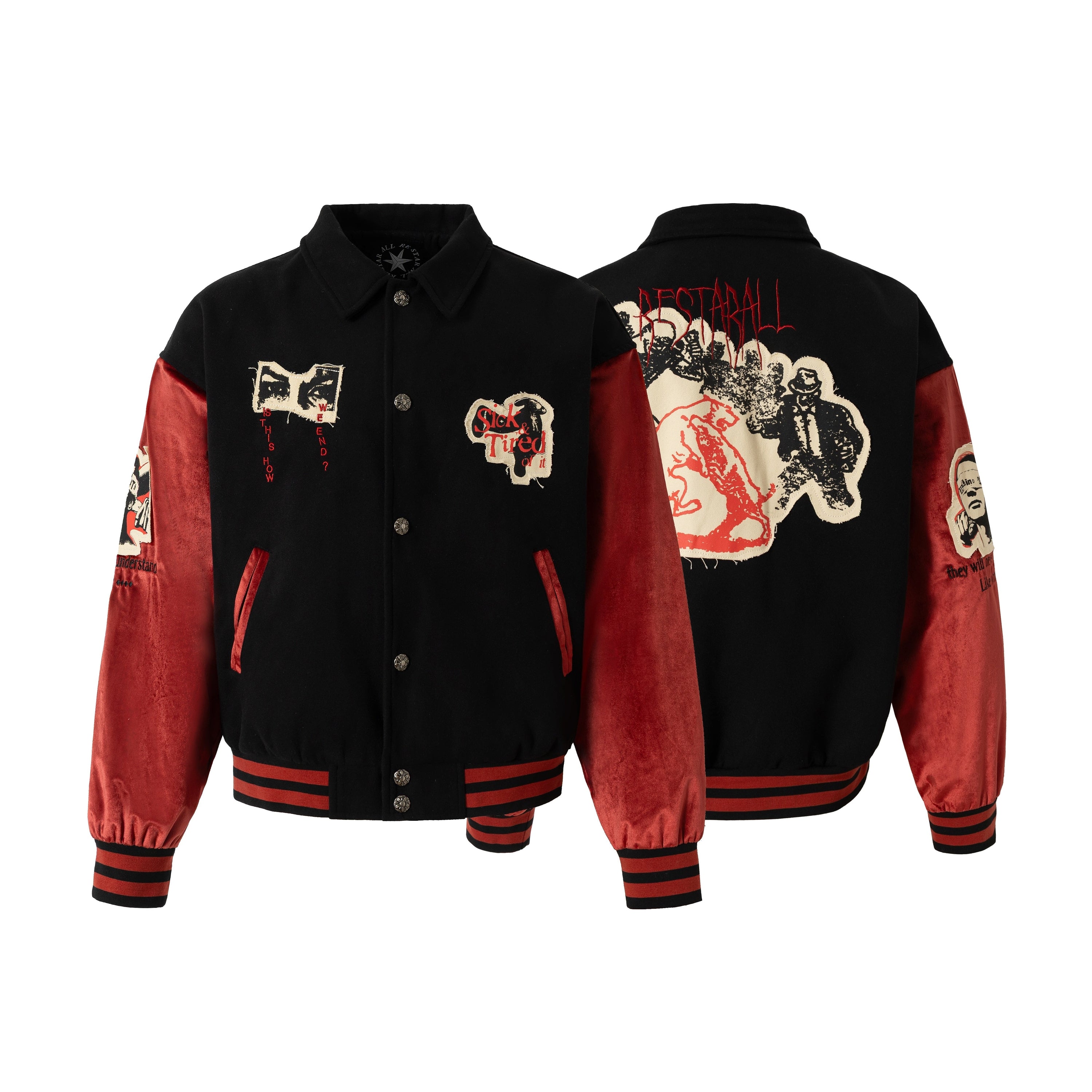 Black and red retro punk varsity jacket with chenille patches and gothic graphic prints, shown front and back