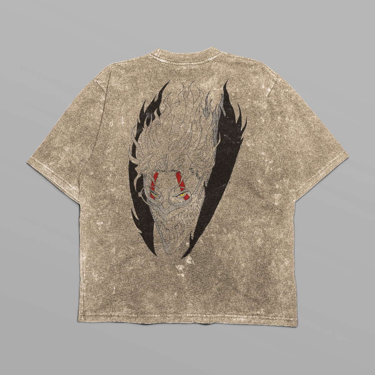 A beige Dandadan Oversized T-Shirt features a distressed texture with a large Okarun dragon head graphic, red eyes, and a solid gray background on the back, adding to its streetwear aesthetic—perfect for an anime wardrobe.