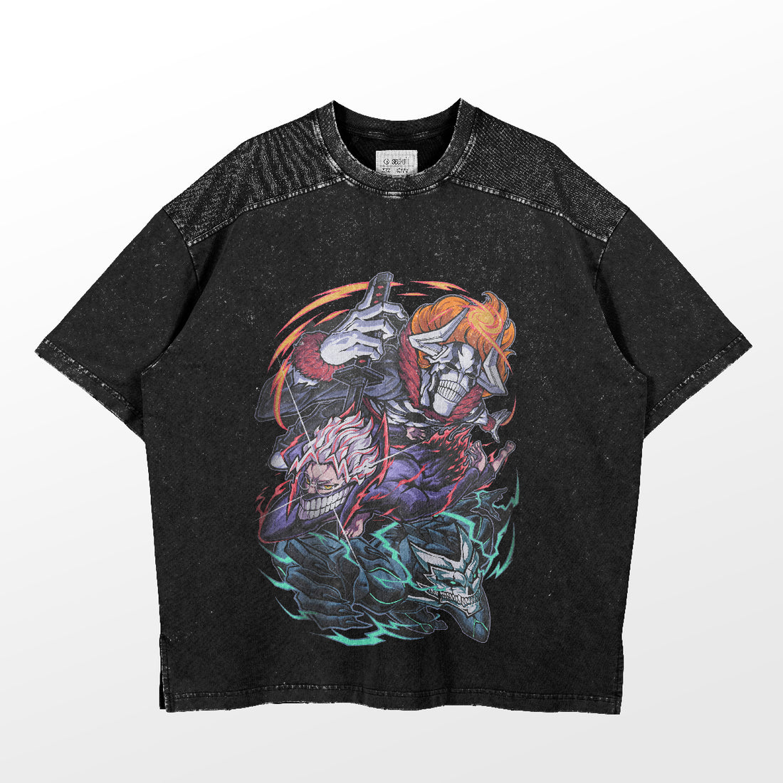 The Dandadan Oversized T-Shirt features a sleek black design for anime fans with an iconic trio graphic. Crafted from premium 250 GSM cotton, the shirt showcases vibrant skeletal figures in red, blue, and orange with flowing hair and tattered clothing, including one wielding a sword dynamically.