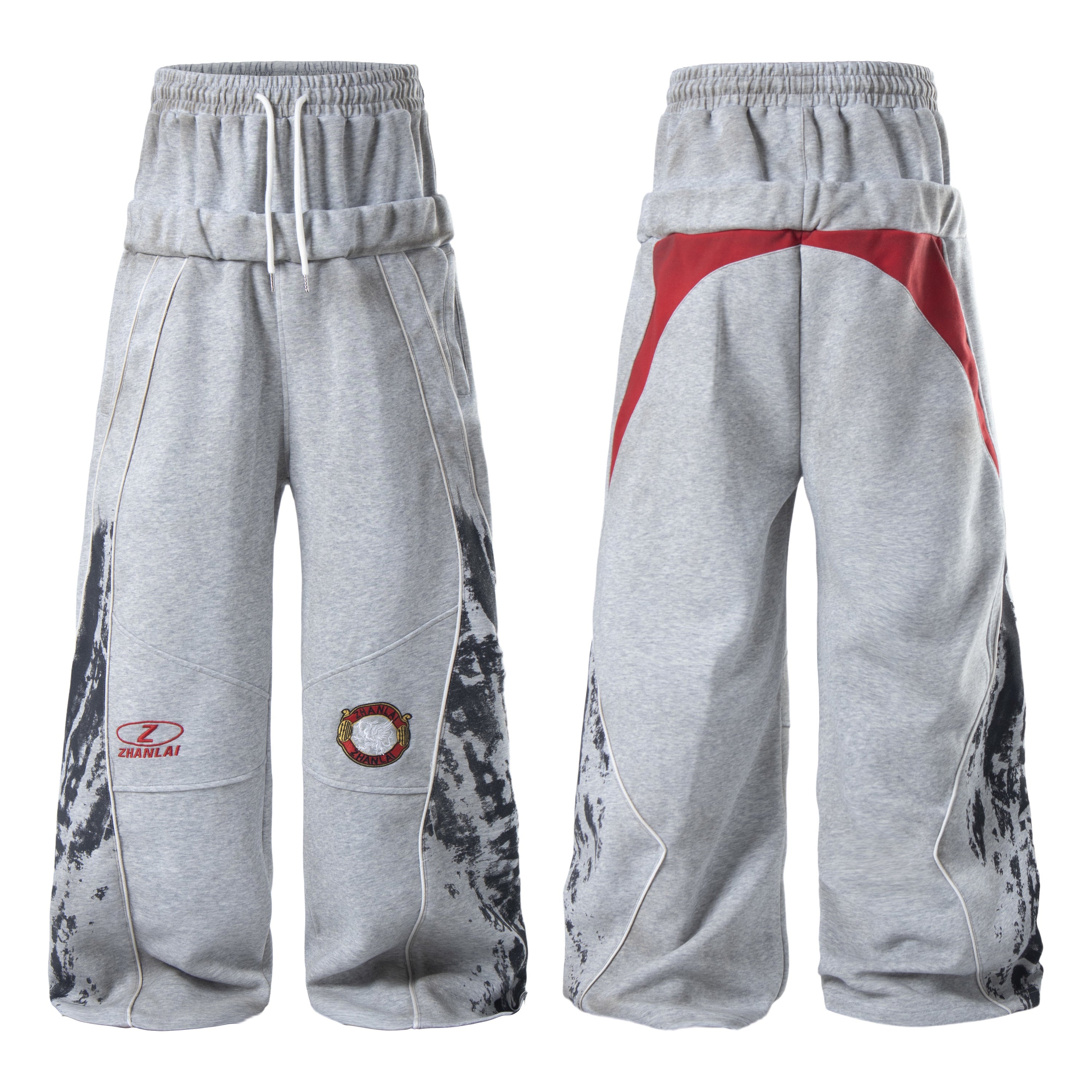 Heather grey wide-leg sweatpants with abstract ink-splash panels and embroidered Zhanlai patches, front and back view