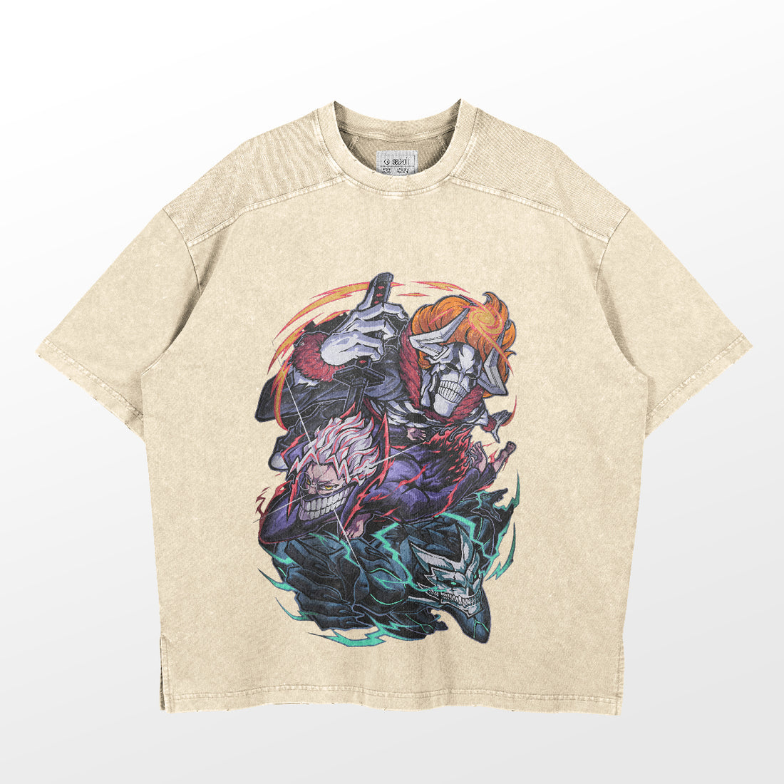 The Dandadan Oversized T-Shirt in Premium 250 GSM Cotton is perfect for anime fans, with an Iconic Trio Graphic featuring a hooded warrior wielding a scythe among red, blue, and purple swirls. Its casual fit and visible stitching make it ideal for enthusiasts.