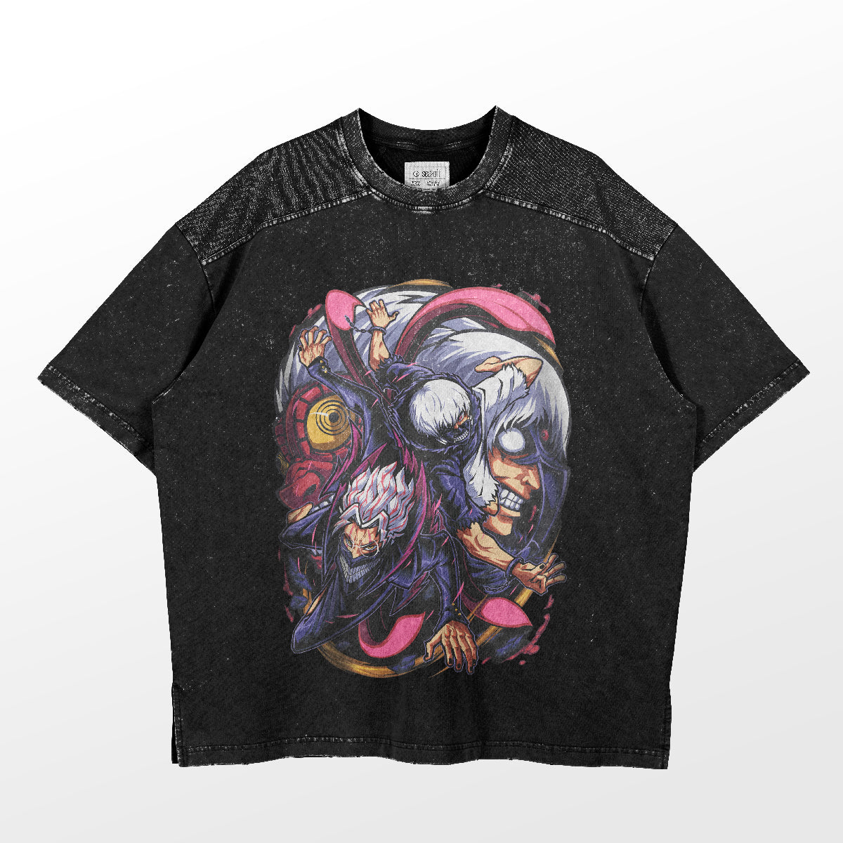 The Dandadan Oversized T-Shirt in 250 GSM cotton features a vibrant Villain Duo Graphic with anime-inspired characters, exaggerated features, and dynamic colors on a subtle gray gradient background.