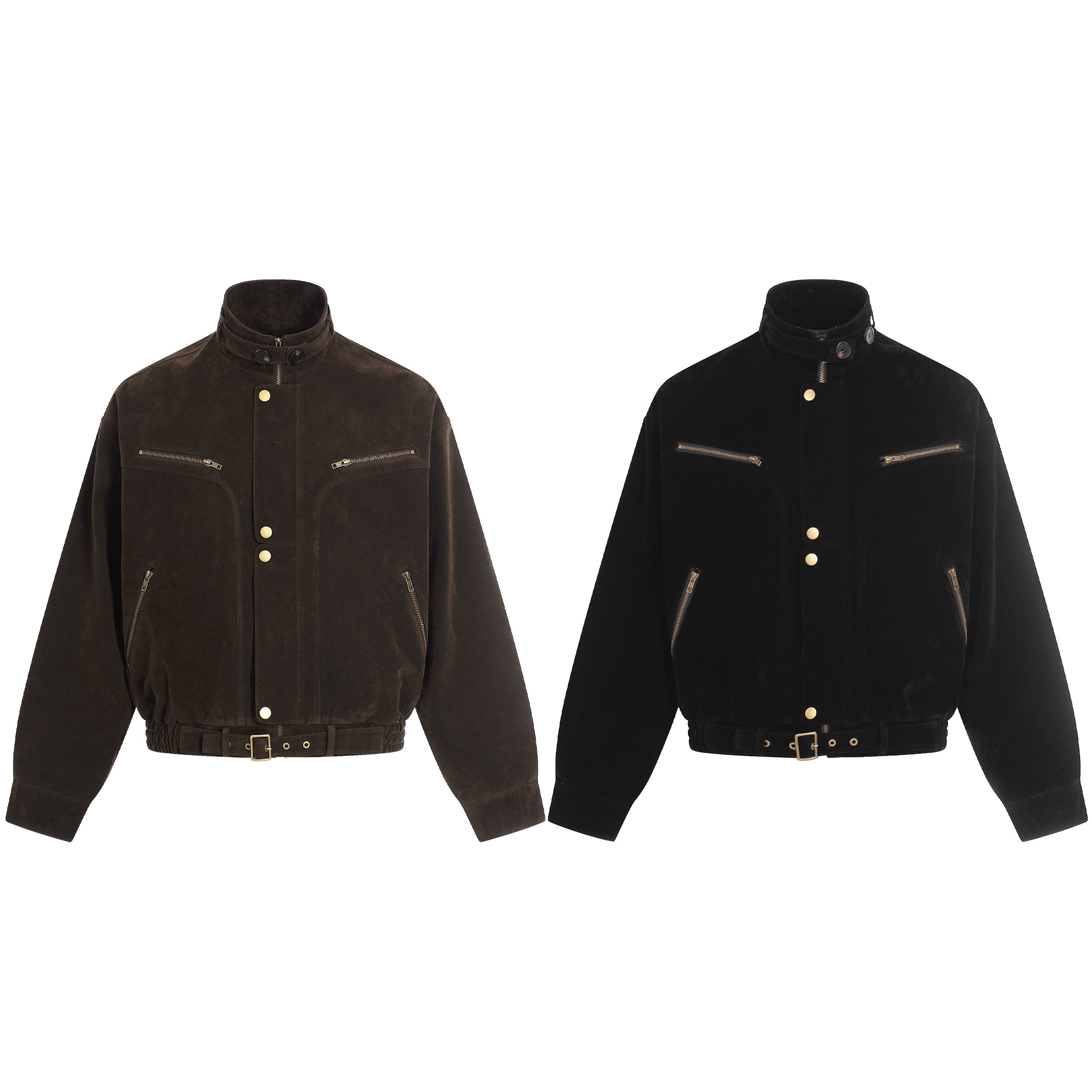 Omirad Utility Bomber Jacket in dark brown suede-effect fabric with gold snap buttons and zip pockets, front view