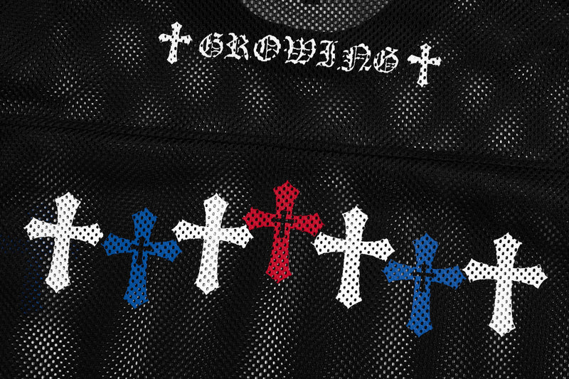 Black mesh jersey tee with gothic TROWBLADE lettering and row of white, blue, and red cross graphics