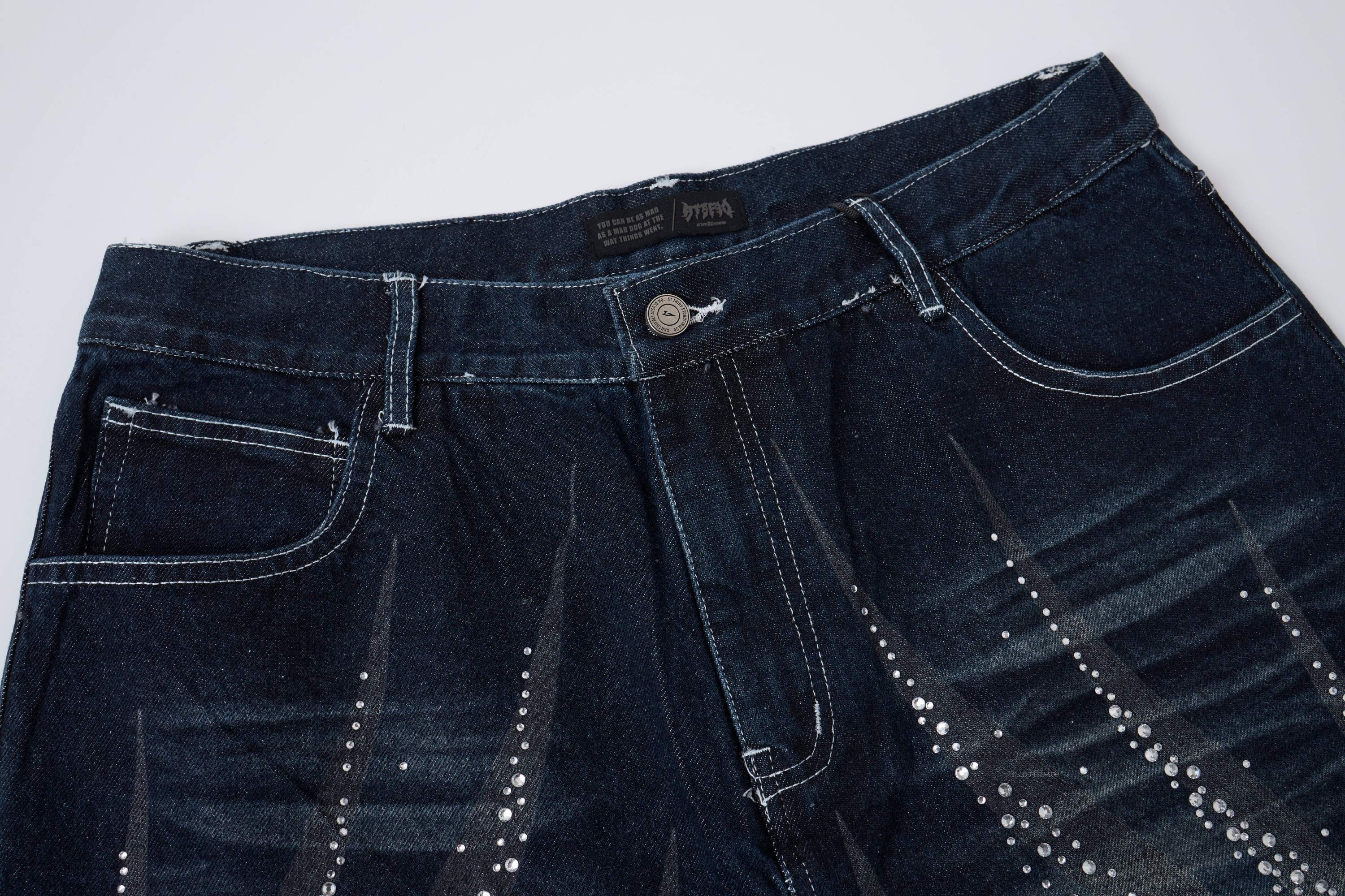 Omirad Rhinestone Denim Shorts | Gradient Wash Loose Fit