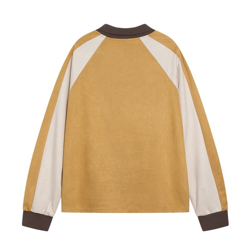 Back view of a mustard varsity rugby top with cream shoulder panels and brown collar