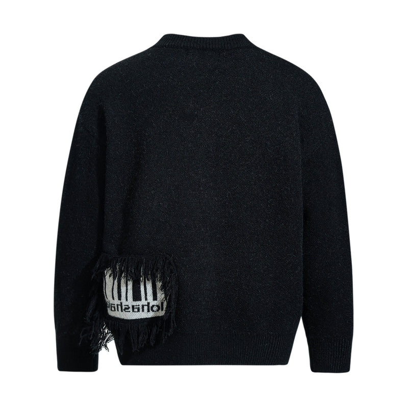 Black knit sweater back view with plain ribbed collar and hem