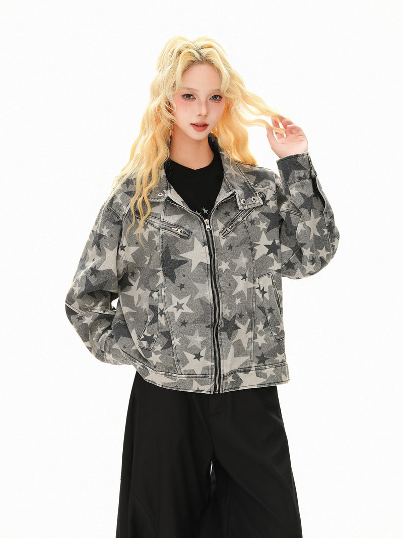Omirad All-Over Star Print Washed Denim Jacket | Grayscale