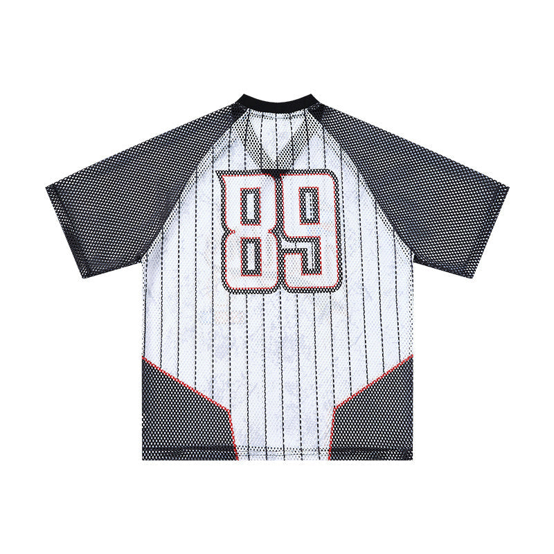 Seakoff New York 89 pinstripe mesh jersey T-shirt with black sleeves and bold front number graphic