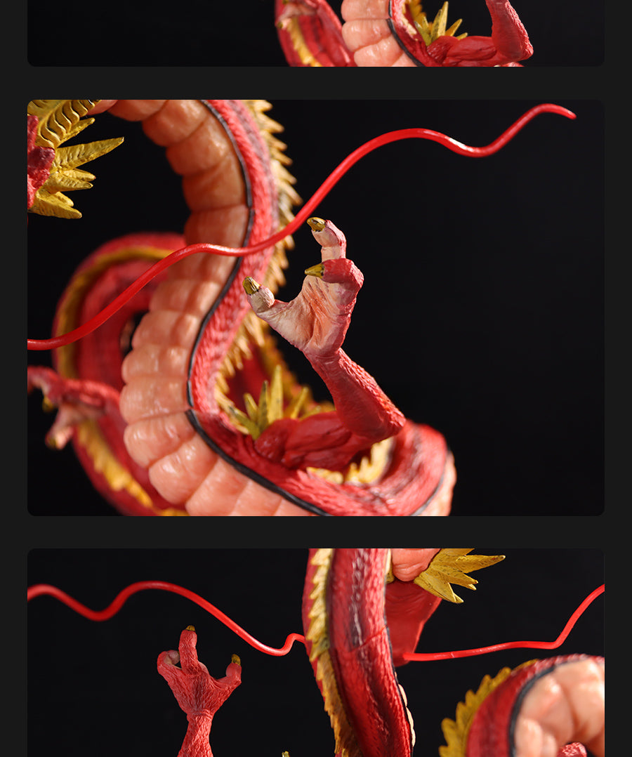 The Seakoff Red Shenron Collectible Figure – Dragon Ball Z, 30cm, showcases a red dragon with an elongated body, wavy tail, vibrant scales, yellow spikes on its back, and sharp claws. The high-detail design thoughtfully divides into three horizontal sections.