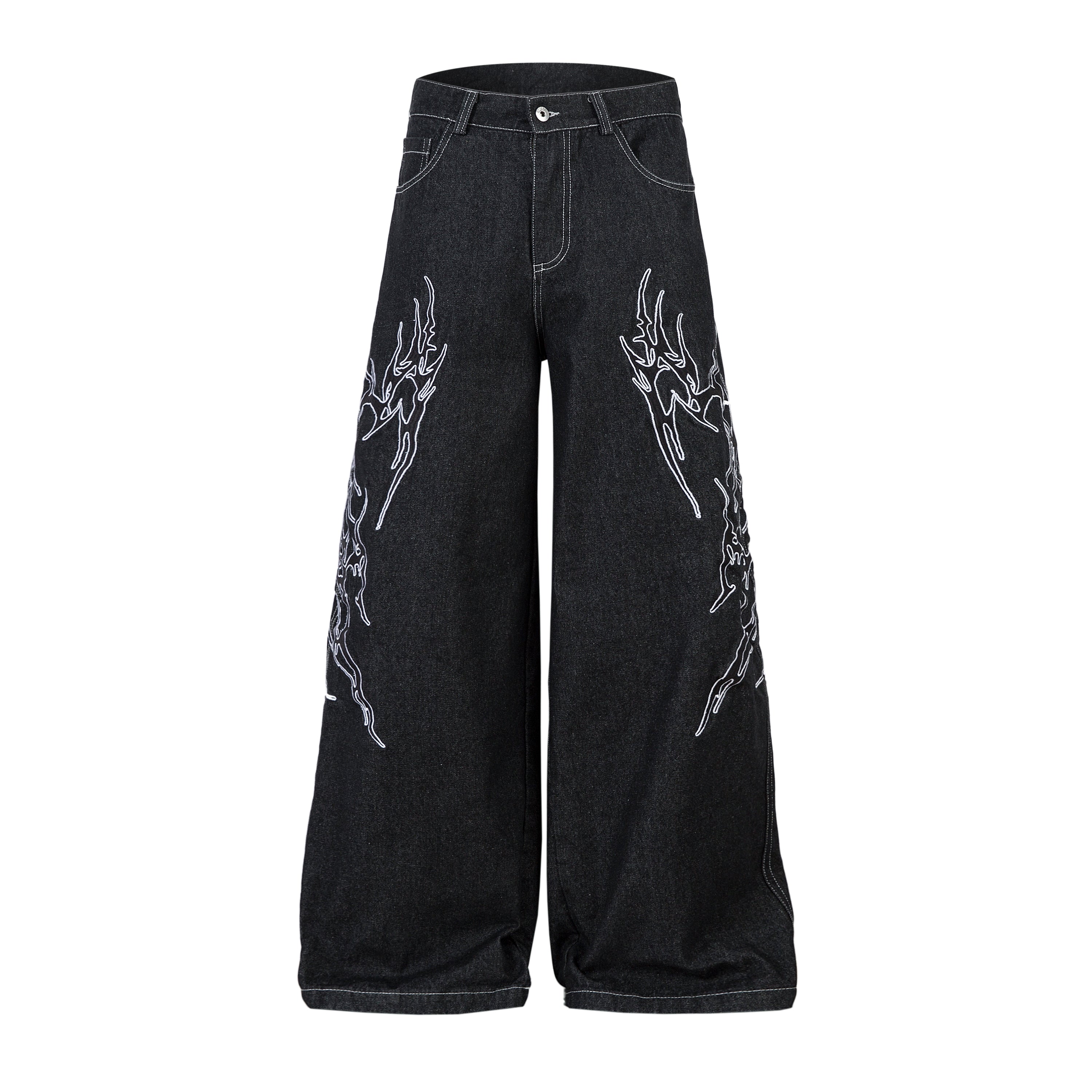 Tribal Wide-Leg Black Denim Jeans | Streetwear Baggy Fit