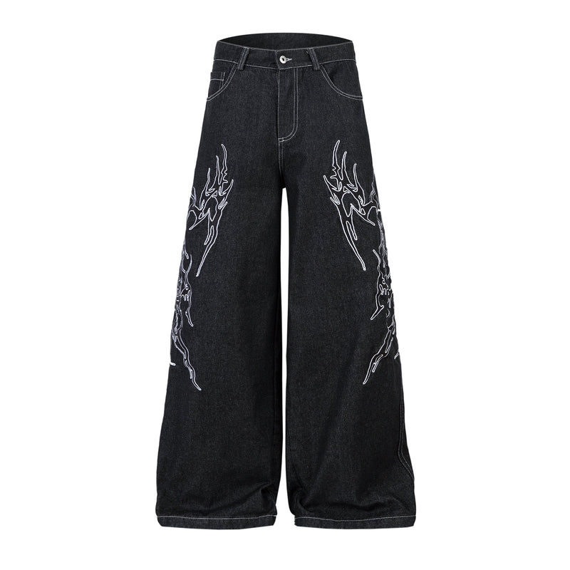 Tribal Wide-Leg Black Denim Jeans | Streetwear Baggy Fit