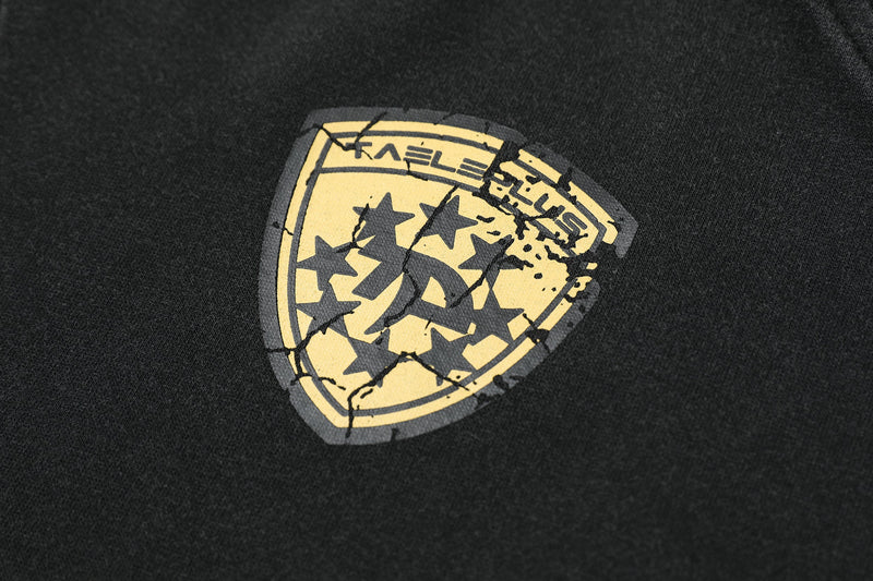 Close-up of yellow shield badge graphic with distressed crackle print