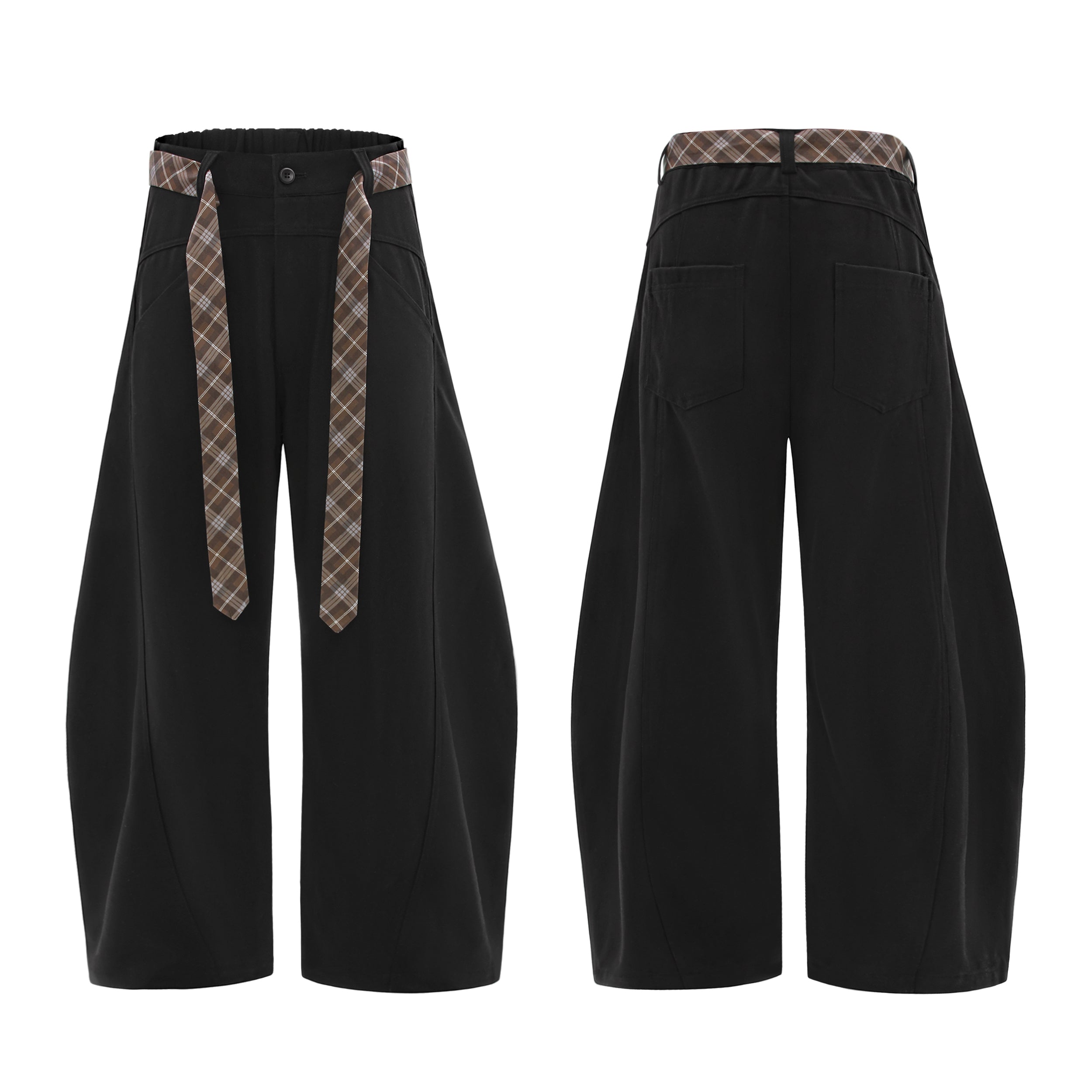 Front and back view of black wide-leg curved trousers with brown plaid fabric tie detail at the waistband