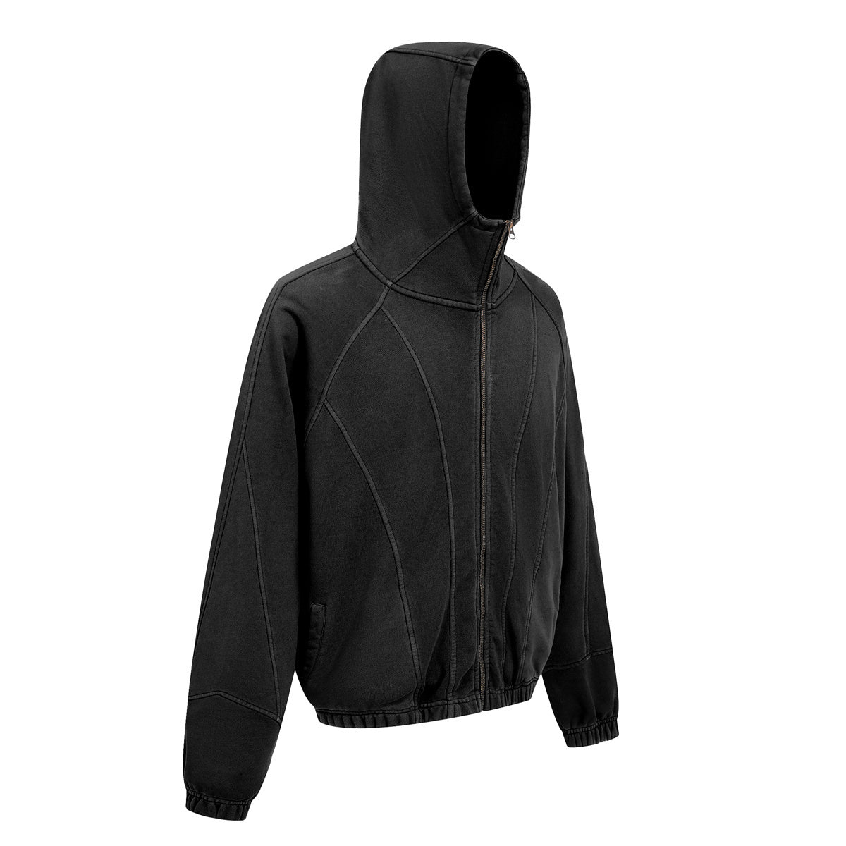 Curved-Seam Full-Zip Hoodie | Washed Cotton Streetwear