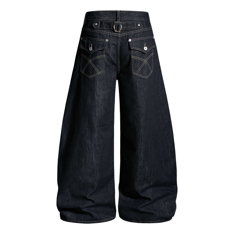 Back view of dark wash wide-leg denim pants with belt, back pockets, and contrast stitching