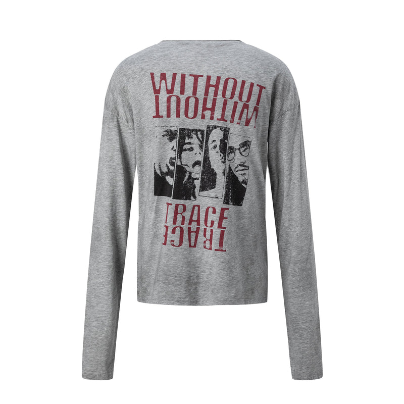 Back view of gray long sleeve tee with red text and black punk face print