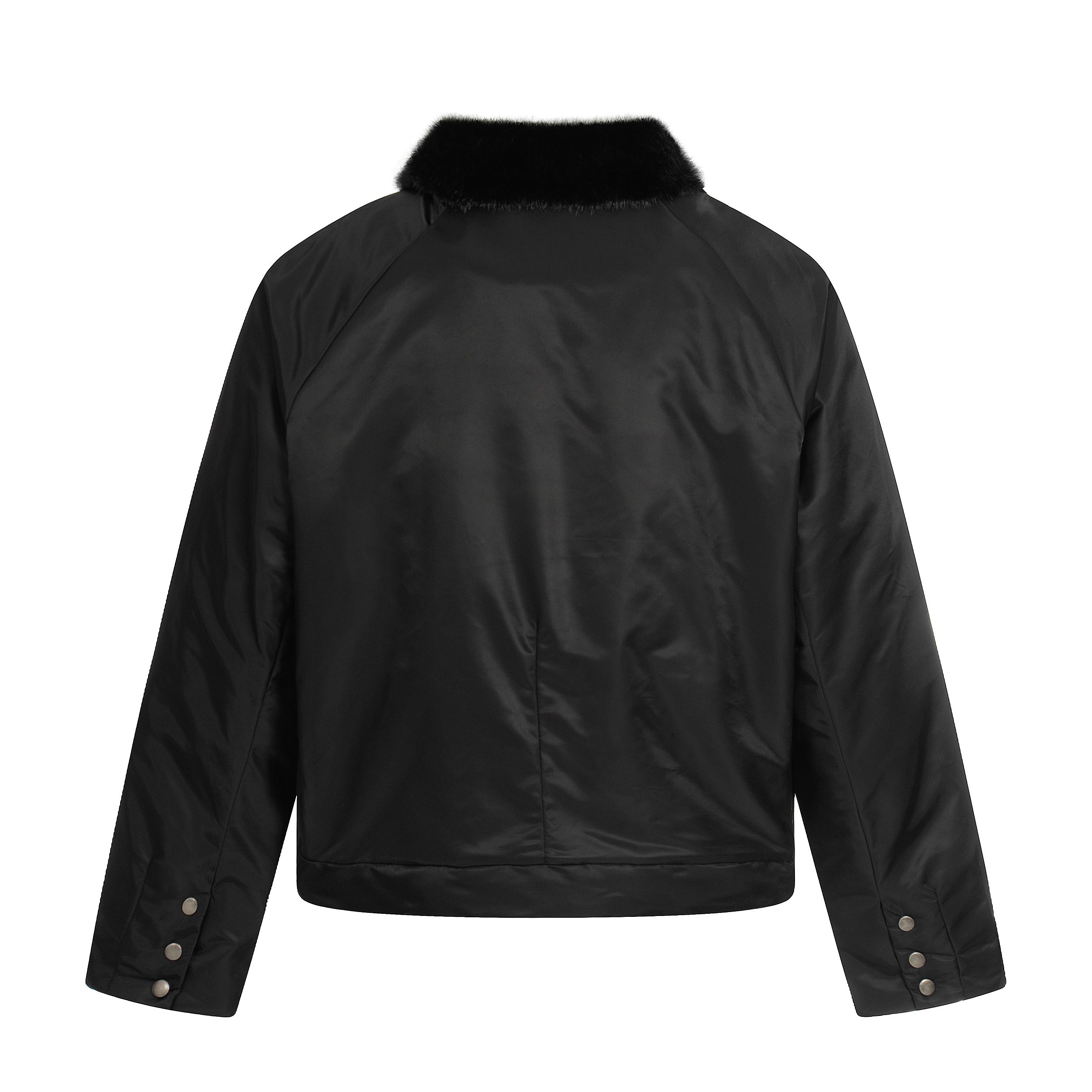 Faux Fur Collar Cropped Nylon Jacket | Smoke Gray & Black