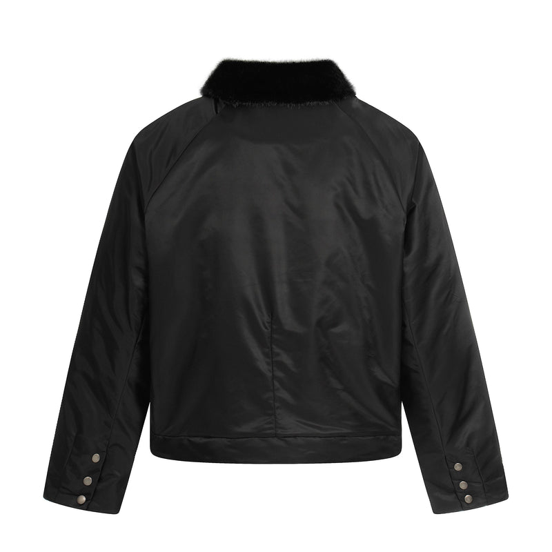 Faux Fur Collar Cropped Nylon Jacket | Smoke Gray & Black
