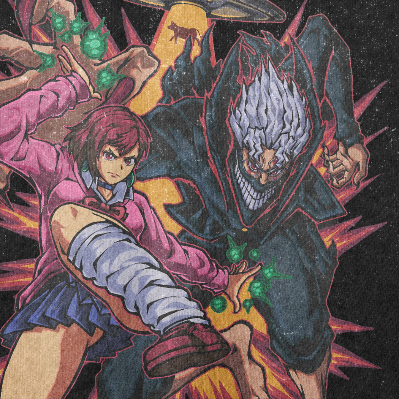 The Dandadan Oversized T-Shirt features an Action Trio design with a young woman in pink and a sinister figure with spiky white hair, both exuding dynamic intensity and anime streetwear flair, surrounded by colorful energy effects. Made from premium 250 GSM cotton.